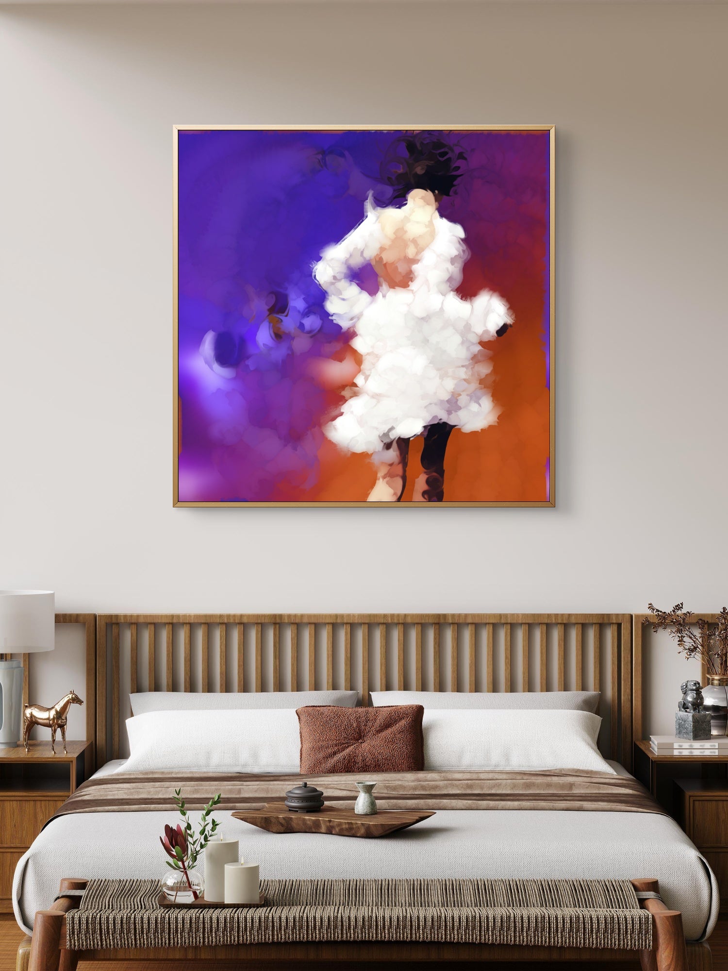 Abstract painting of a person in a cloud above a bed in a bedroom.