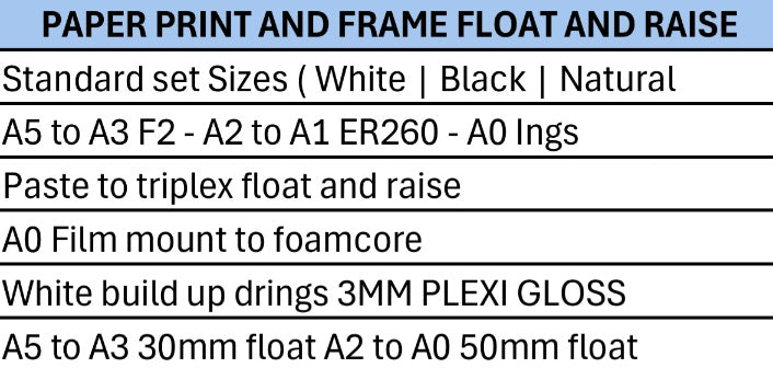 Textual information about paper print and frame float and raise services with standard set sizes and materials.