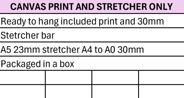Textual information about canvas prints and stretchers on a pink and black background