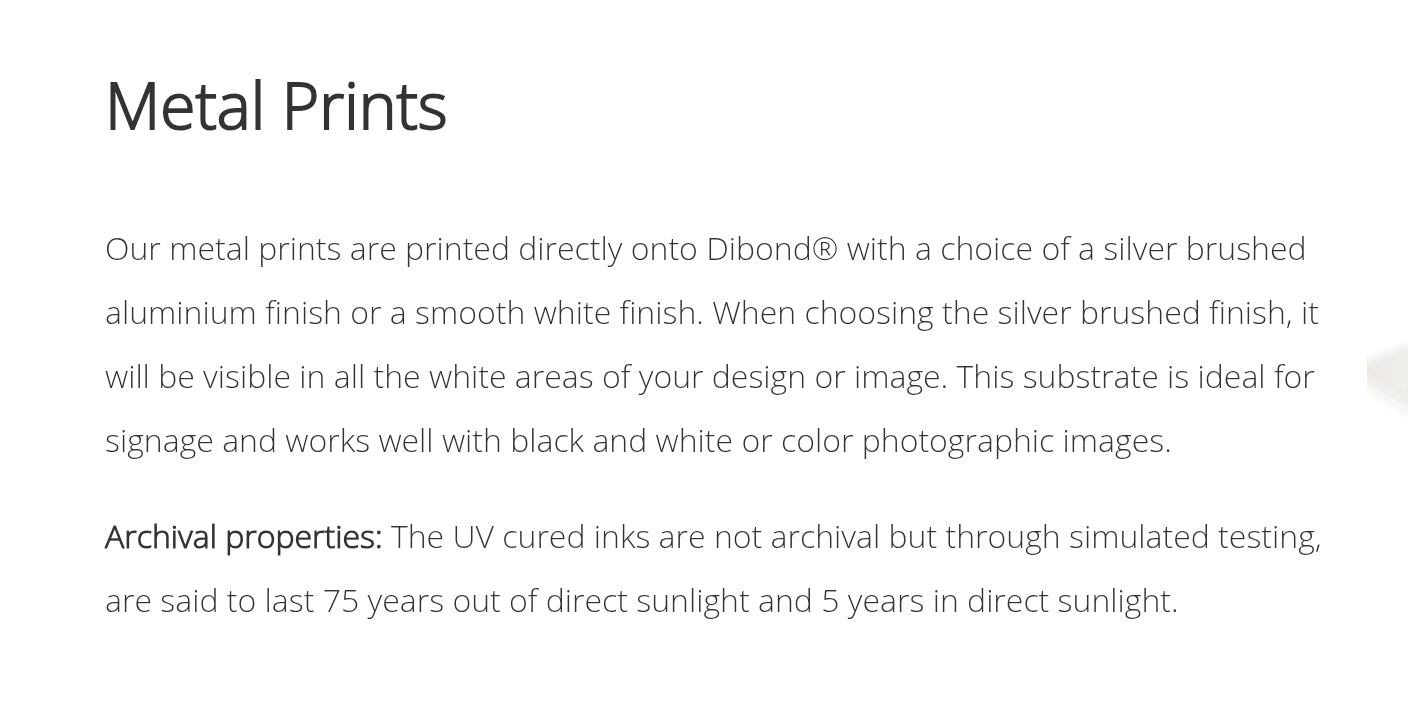 Text description of metal prints with archival properties on a white background