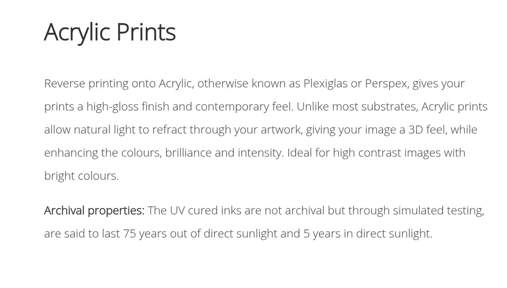 Text description of acrylic prints on a white background