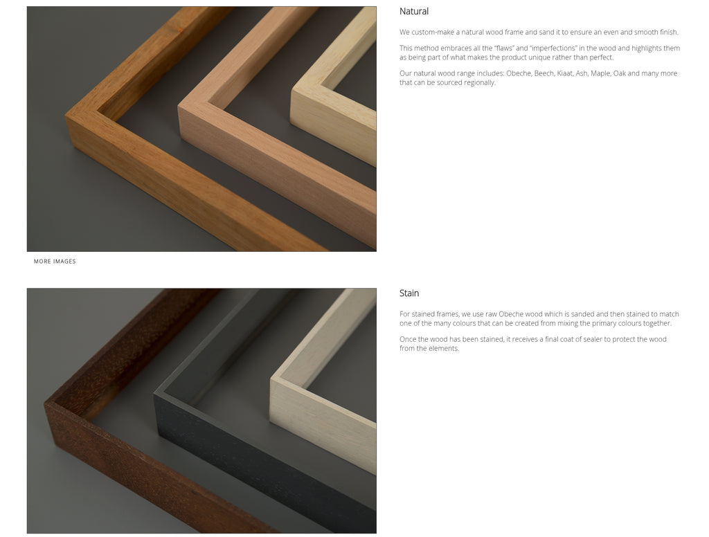 Two wooden picture frames, one natural and one stained, on a gray background.