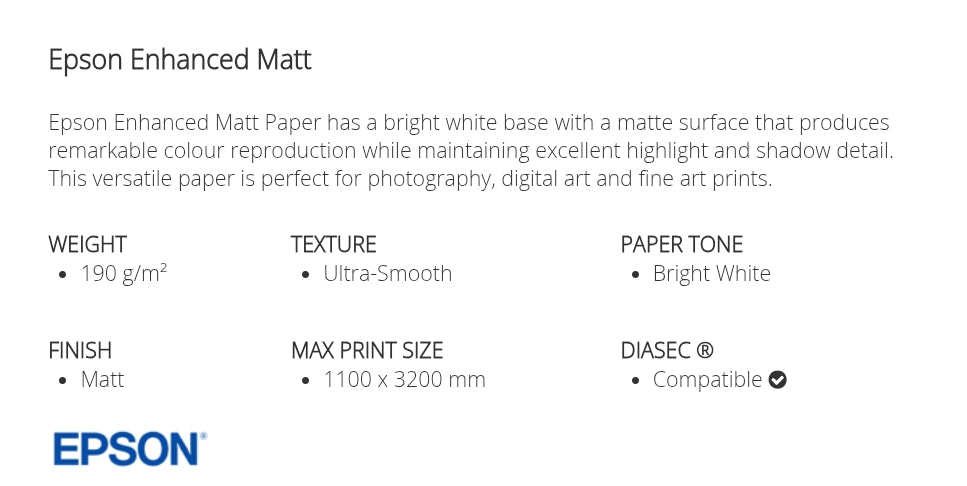 Epson Enhanced Matt paper description with specifications on a white background