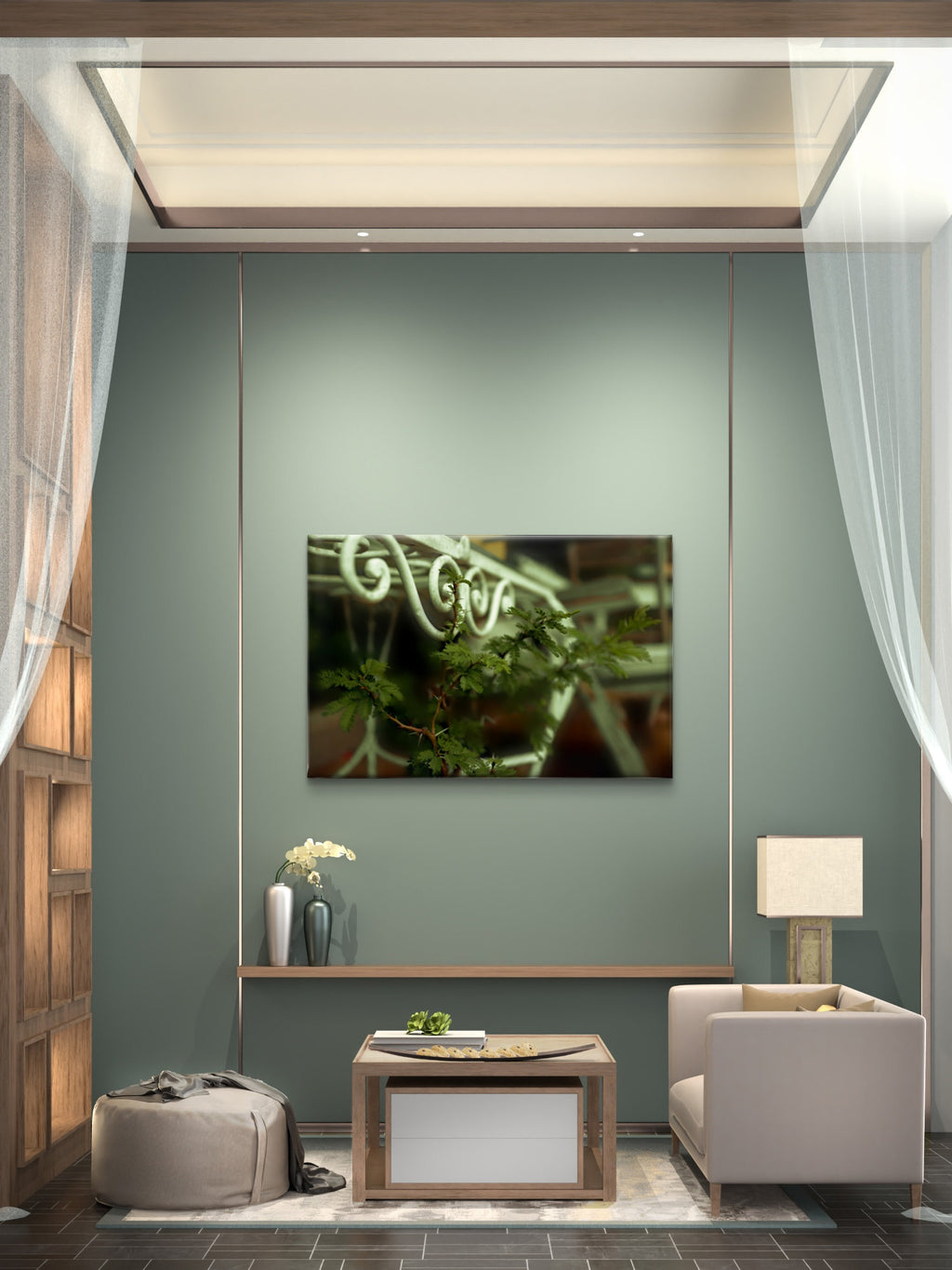 Modern living room with a green wall, TV, and decorative items.