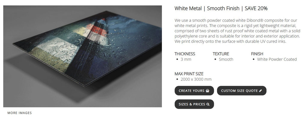 Product page with a white metal sheet on a gray background, featuring text and options for customization.