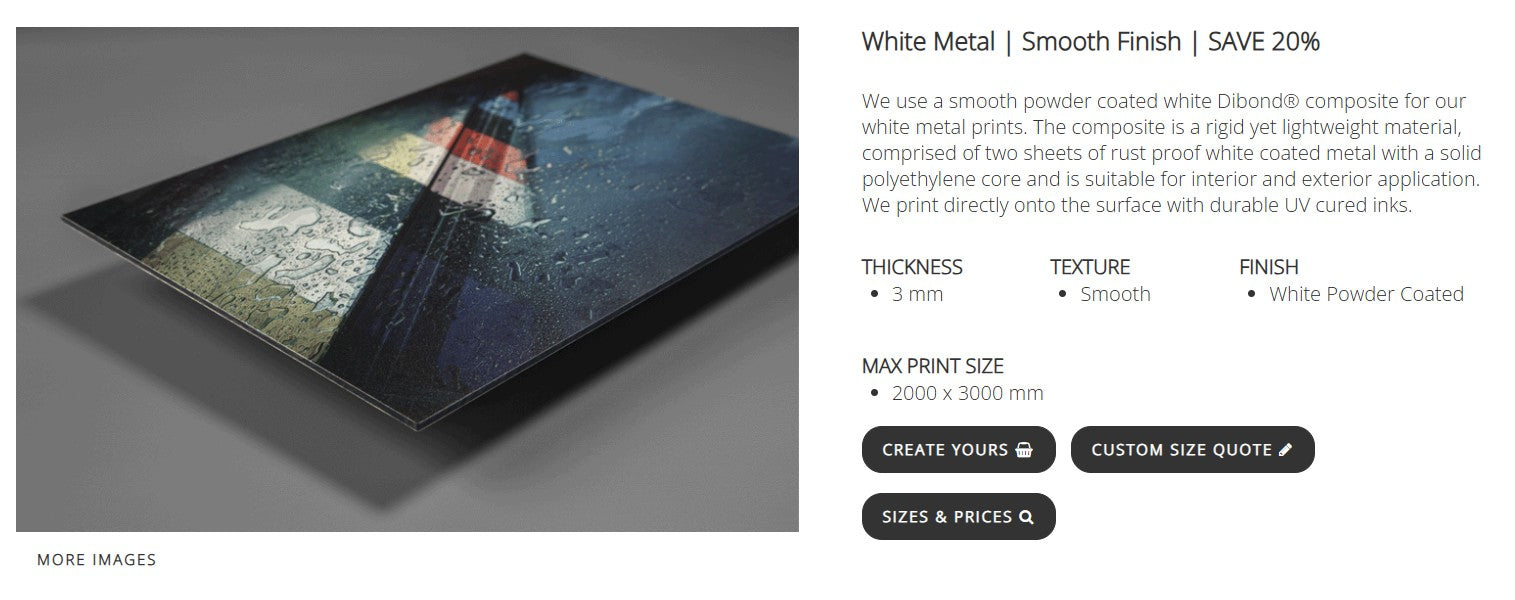 Product page with a white metal sheet on a gray background, featuring text and options for customization.