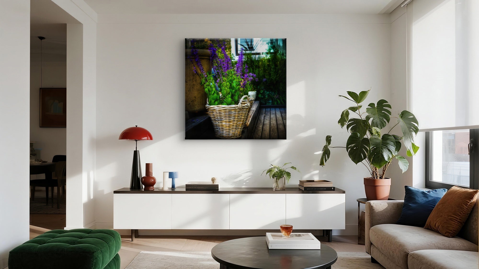Modern living room with a painting of flowers on the wall, a lamp, and a sofa.