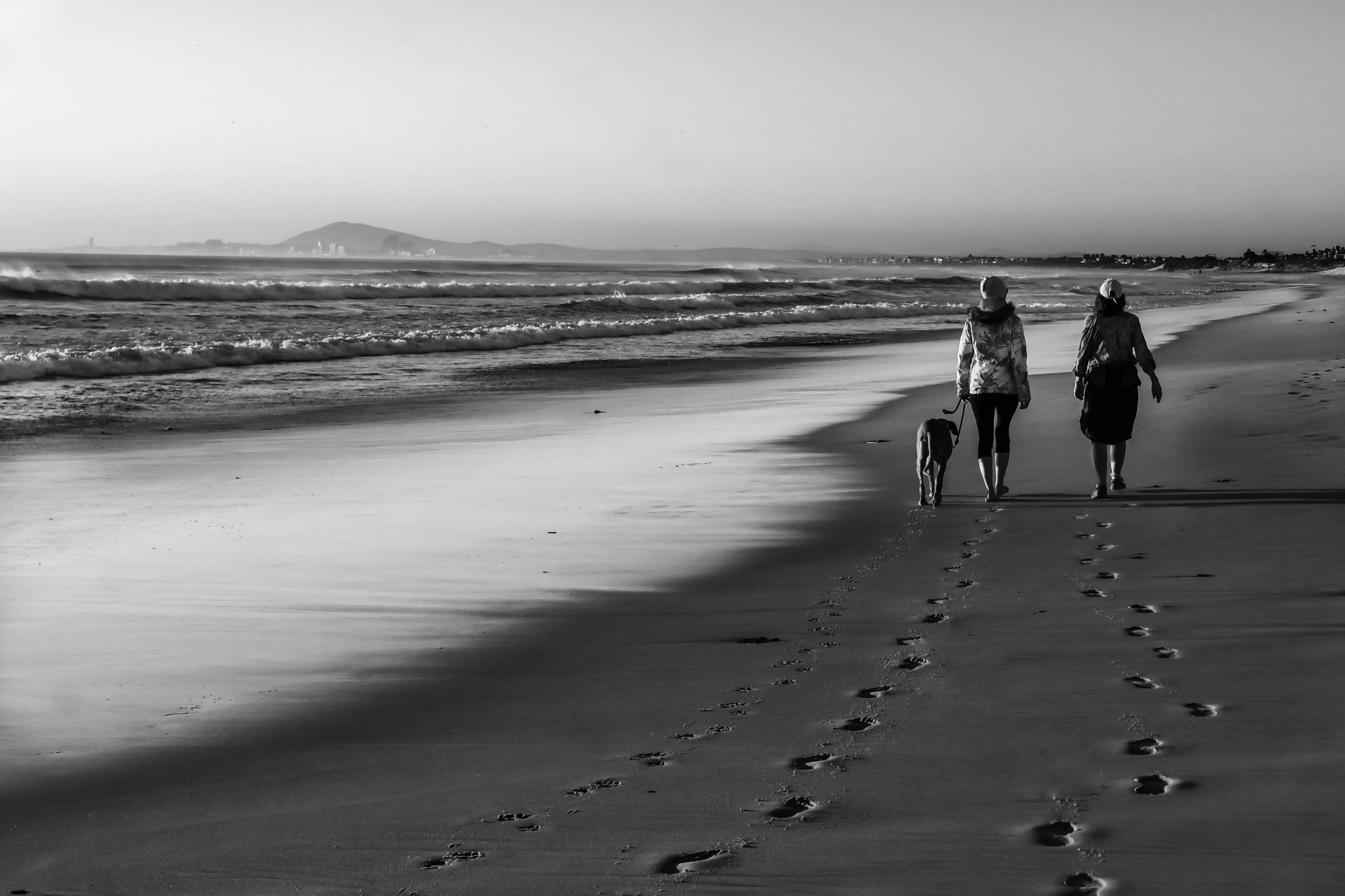 Black and white fine art photograph of two people and a dog walking along a wide South African beach at low tide leaving footprints in wet sand, coastal wall art print, ApertureAndArt