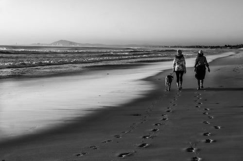Black and white fine art photograph of two people and a dog walking along a wide South African beach at low tide leaving footprints in wet sand, coastal wall art print, ApertureAndArt