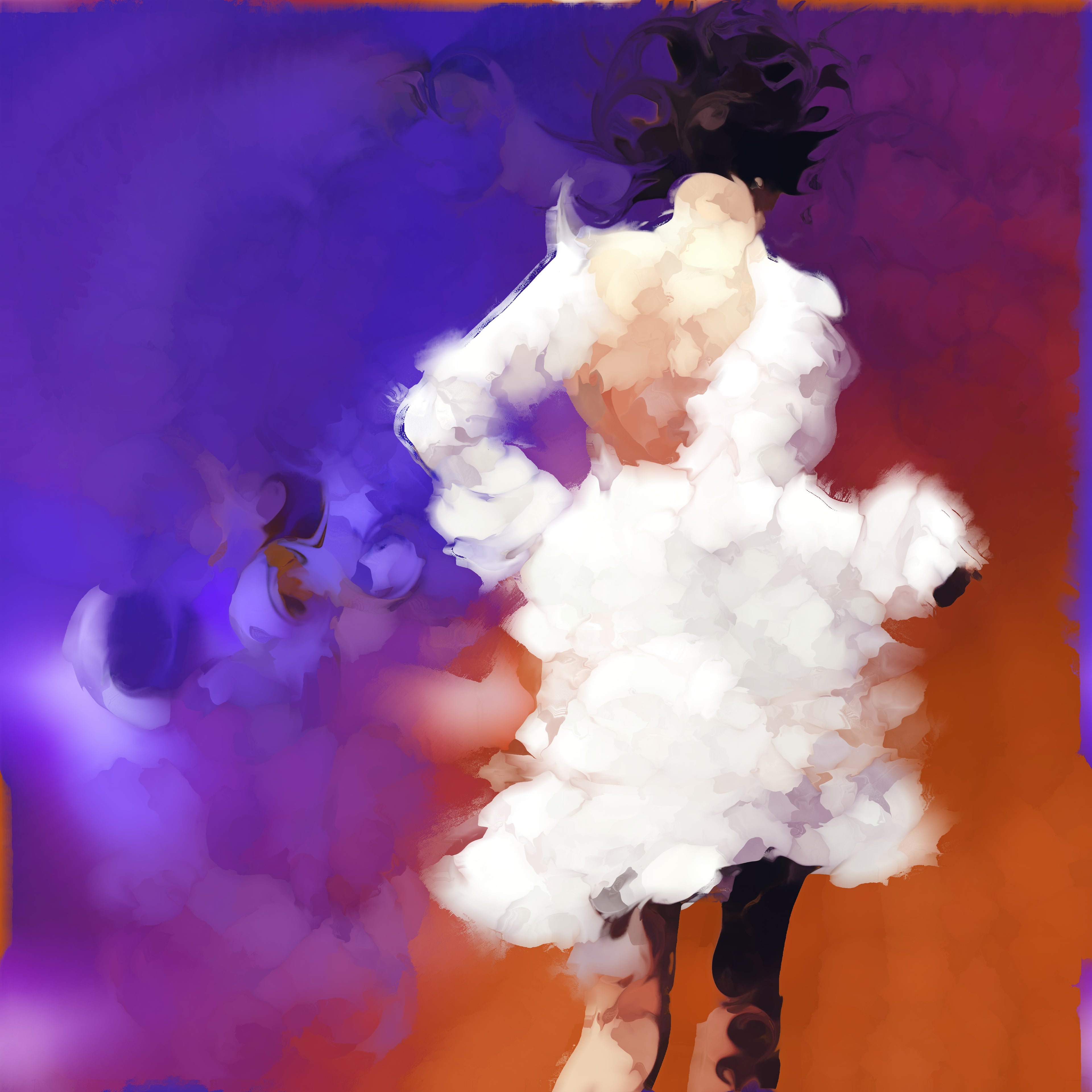 Abstract fine art print of a female dancer in white seen from behind against a split purple and orange background with painterly soft focus edges, expressive dance wall art print, ApertureAndArt